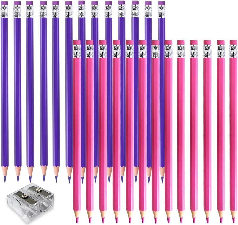 Adhere 25pcs Checking Pencils Erasable colored Pencils Pre-Sharpened #2 HB,for Checking Tests Grading,Map Coloring, editing Office Favors,including a Free sharpener. (Pink 13pcs + Purple 12pcs) - Image 1